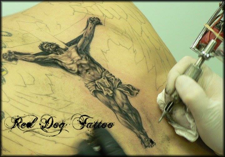 Black And Grey Jesus On Cross Tattoo Design