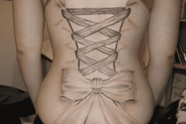 Black And Grey Lace Corset With Bow Tattoo On Women Full Back