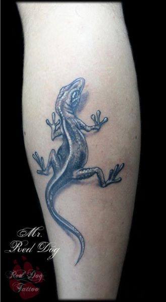 Black And Grey Lizard Tattoo On Leg Calf