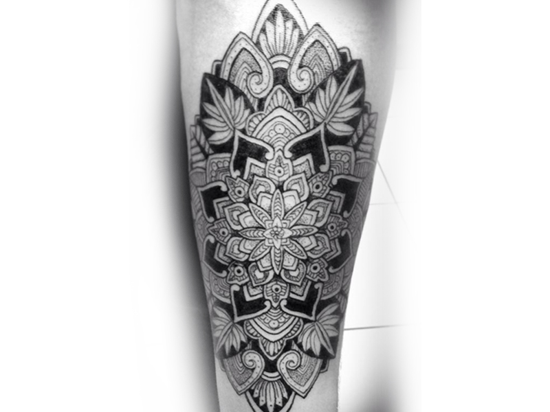 Black And Grey Mandala Tattoo On Arm
