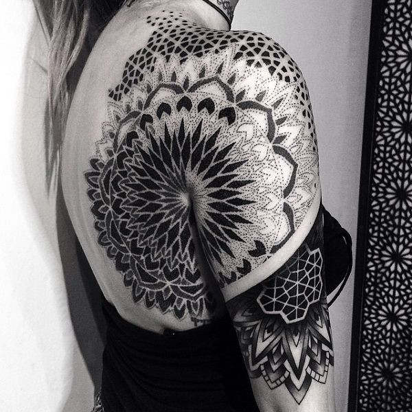 Black And Grey Mandala Tattoo On Shoulder