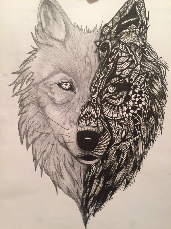 Black And Grey Mandala Wolf Tattoo Design