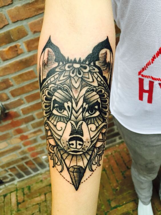 Black And Grey Mandala Wolf Tattoo Idea