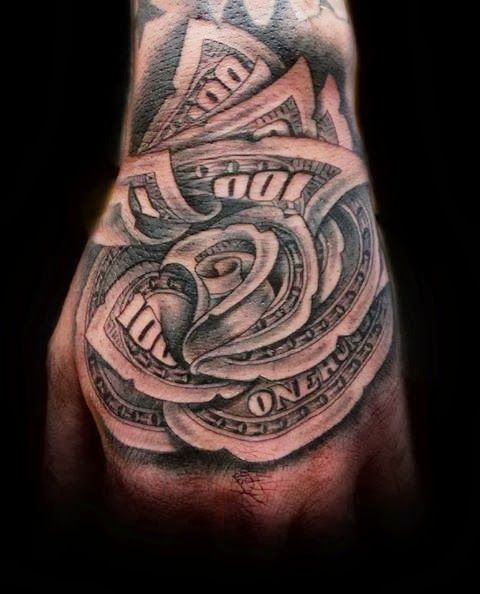 Black And Grey Money Rose Tattoo On Hand