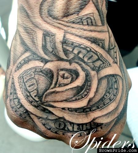 Black And Grey Money Rose Tattoo On Hand
