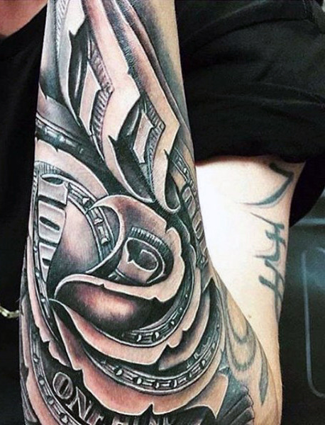 Black And Grey Money Rose Tattoo On Left Arm
