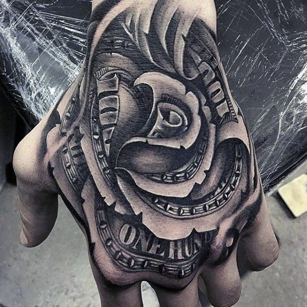Black And Grey Money Rose Tattoo On Left Hand