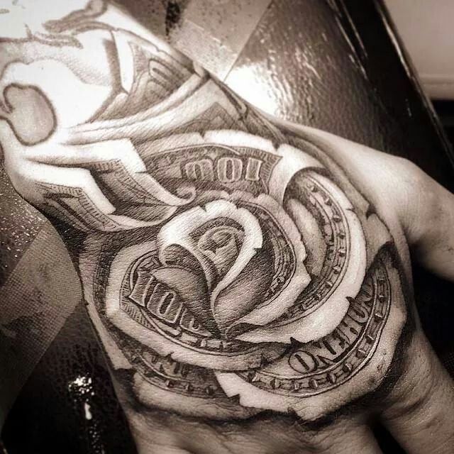 Black And Grey Money Rose Tattoo On Right Hand