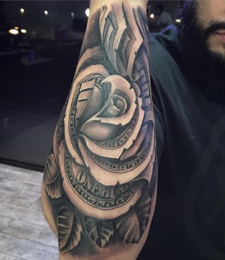 Black And Grey Money Rose Tattoo On Right Sleeve
