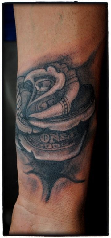 Black And Grey Money Rose Tattoo On Wrist