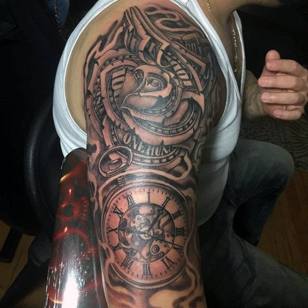 Black And Grey Money Rose With Pocket Watch Tattoo On Right Half Sleeve