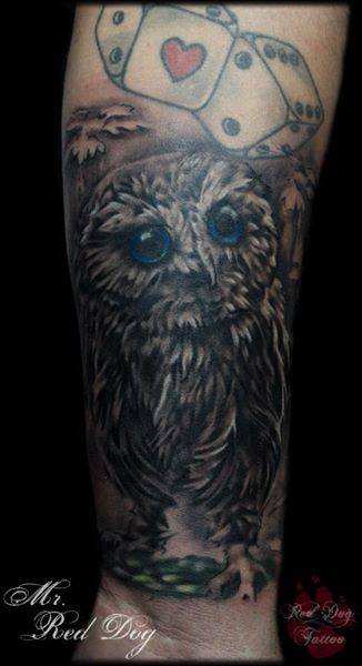 Black And Grey Owl Tattoo On Sleeve