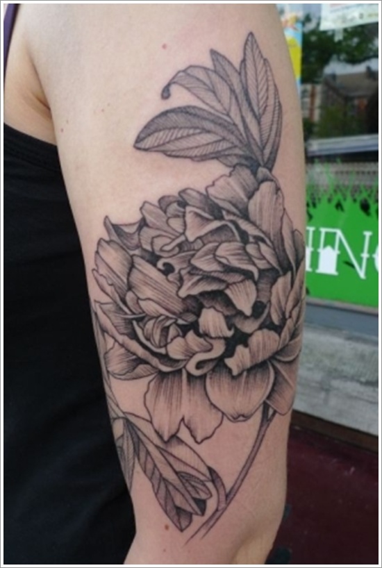 Black And Grey Peony Flower Tattoo On Left Half Sleeve