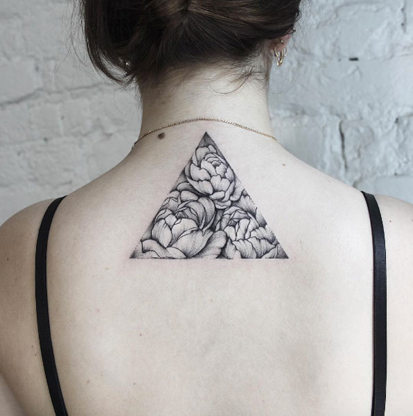 Black And Grey Peony Flowers In Triangle Tattoo On Girl Upper Back By Dasha Sumkina