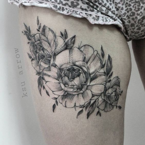 Black And Grey Peony Flowers Tattoo On Right Thigh