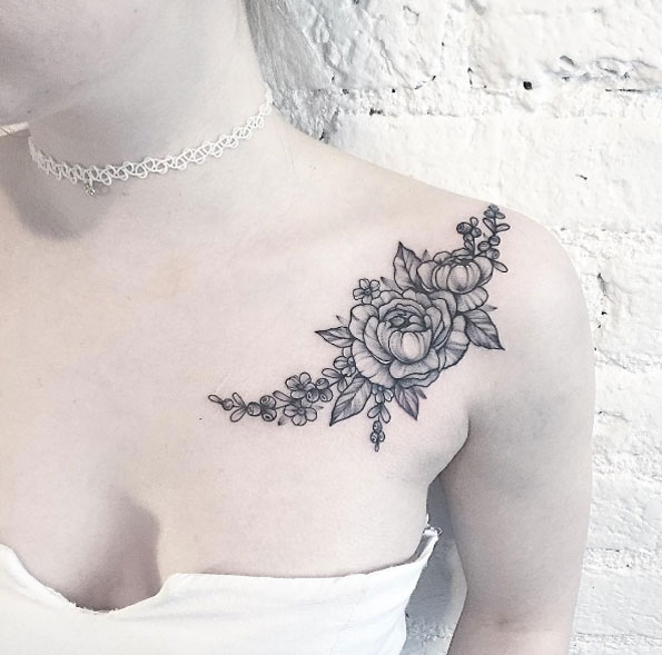 Black And Grey Peony Flowers Tattoo On Women Left Front Shoulder