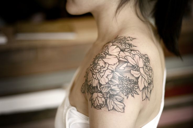 Black And Grey Peony Flowers Tattoo On Women Left Shoulder