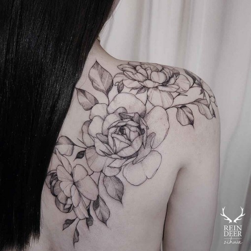 Black And Grey Peony Flowers Tattoo On Women Right Back Shoulder