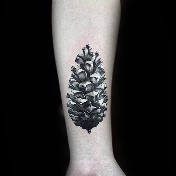 Black And Grey Pine Cone Tattoo On Forearm