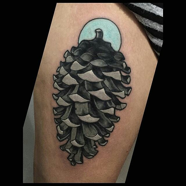 Black And Grey Pine Cone Tattoo On Thigh