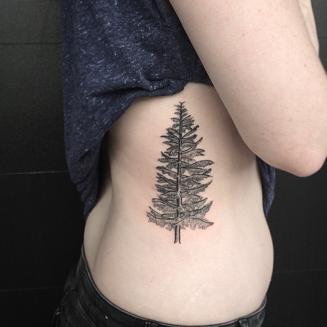 Black And Grey Pine Tree Tattoo On Right Side Rib