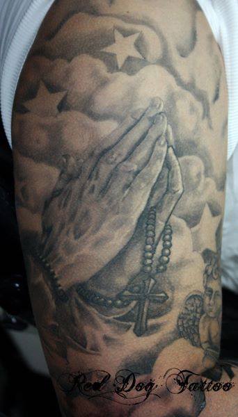 Black And Grey Praying Hands With Rosary Cross Tattoo On Right Half Sleeve