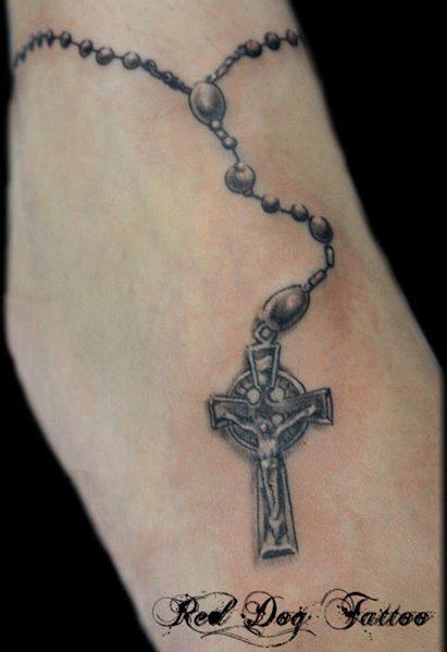 Black And Grey Rosary Cross Tattoo Design