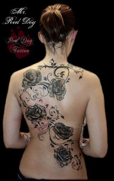 Black And Grey Roses Tattoo On Women Full Back