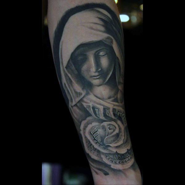 Black And Grey Saint Mary With Money Rose Tattoo On Half Sleeve
