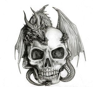 Black And Grey Skull With Dragon Tattoo Design