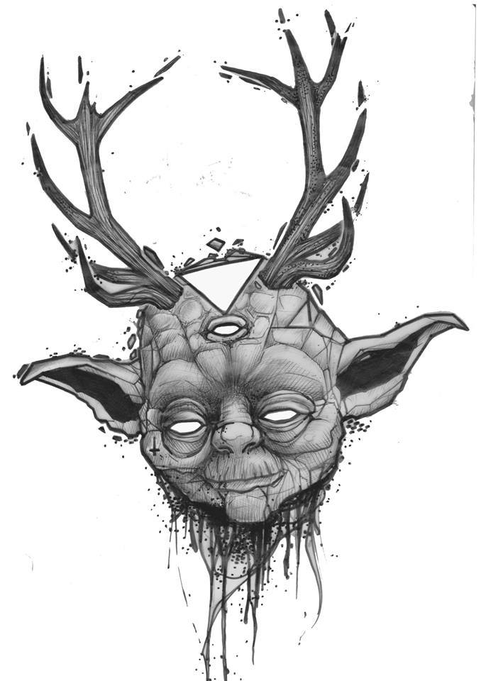 Black And Grey Star Wars Yoda With Horns Tattoo Design