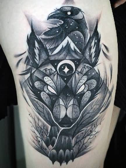 Black And Grey Wolf Tattoo On Biceps