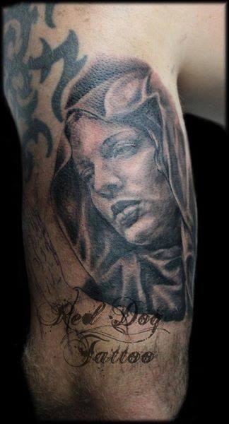 Black And Grey Women Head Tattoo On Half Sleeve