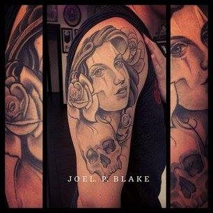 Black And Grey Women Head With Rose And Skull Tattoo On Right Half Sleeve