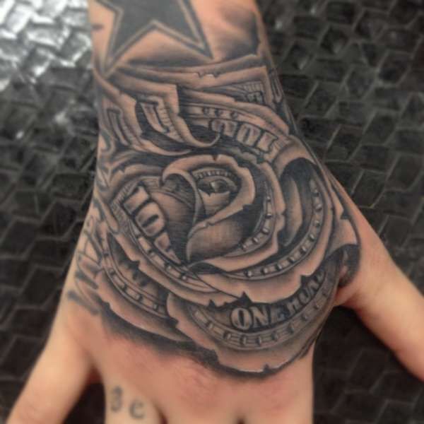 Black And Grey Money Rose Tattoo On Right Hand