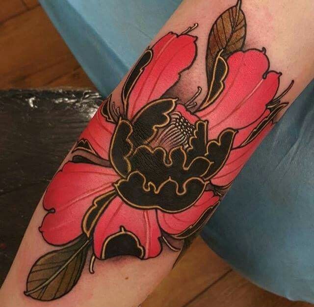 Black And Pink Japanese Peony Flower Tattoo Design For Sleeve