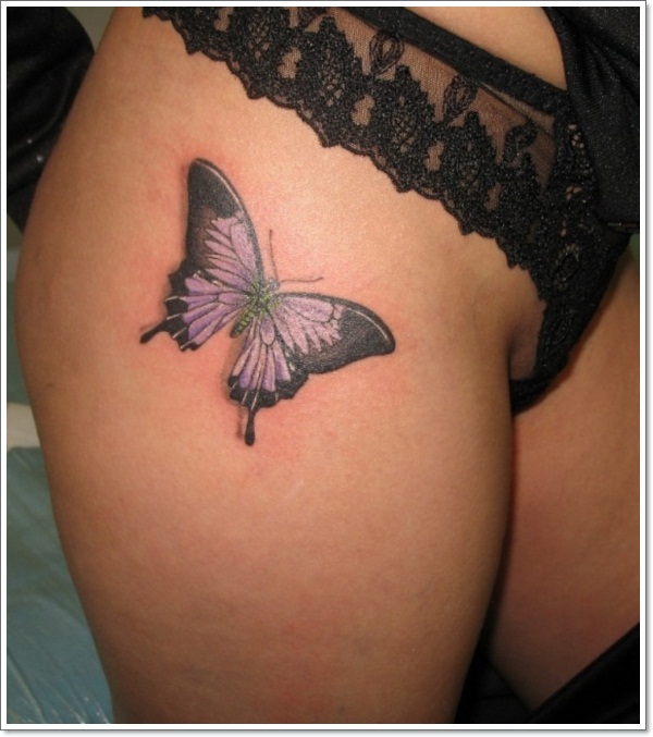 Black And Purple Butterfly Tattoo On Side Thigh