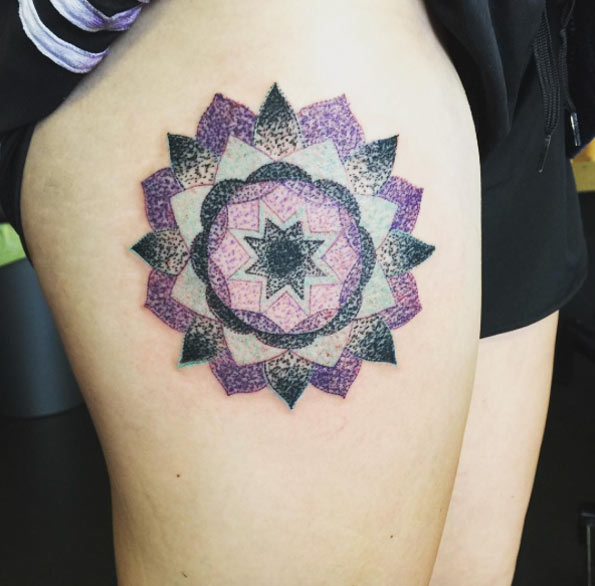 Black And Purple Ink Mandala Tattoo On Thigh