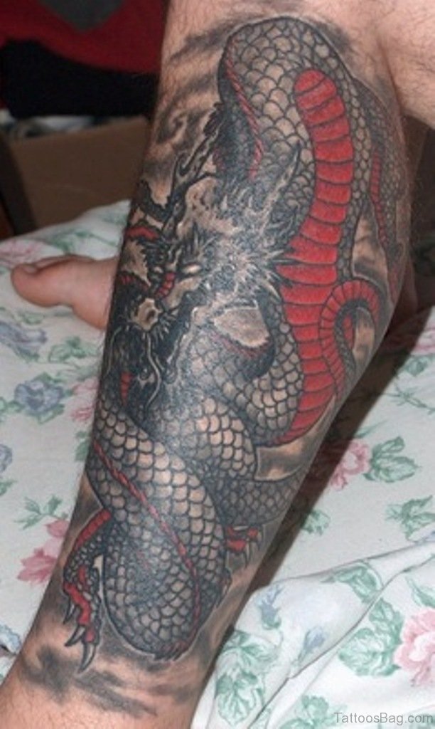 Black And Red Dragon Tattoo On Left Leg Calf