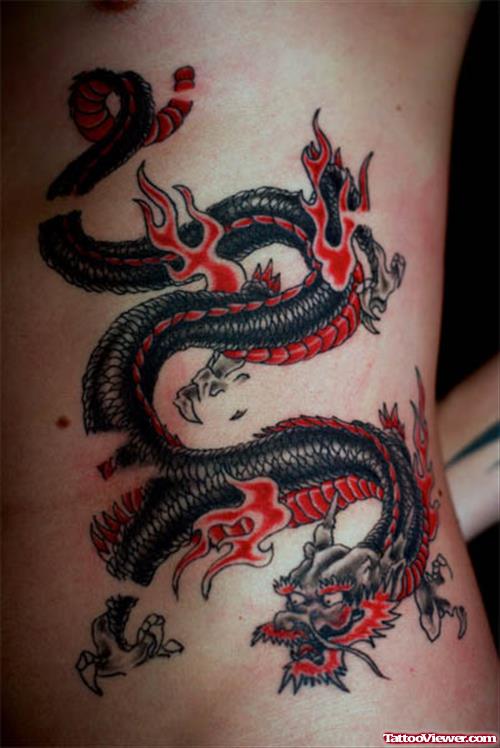 Black And Red Dragon Tattoo On Side Rib