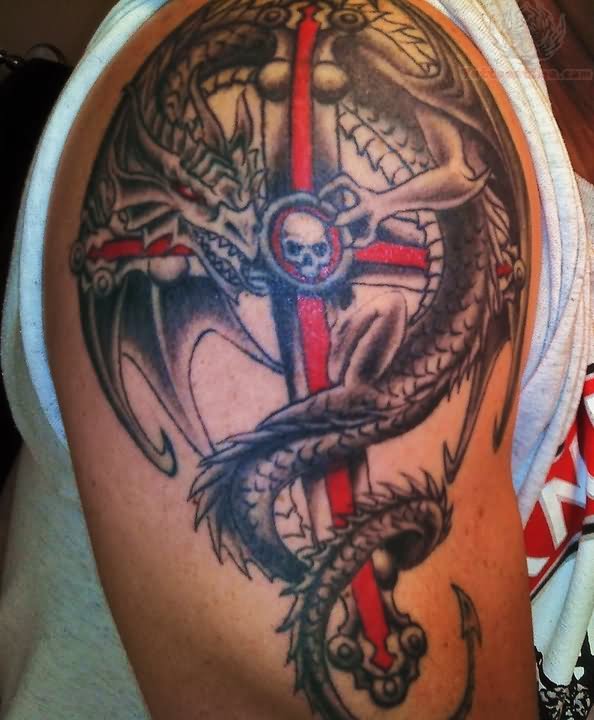 Black And Red Dragon With Cross Tattoo On Right Shoulder