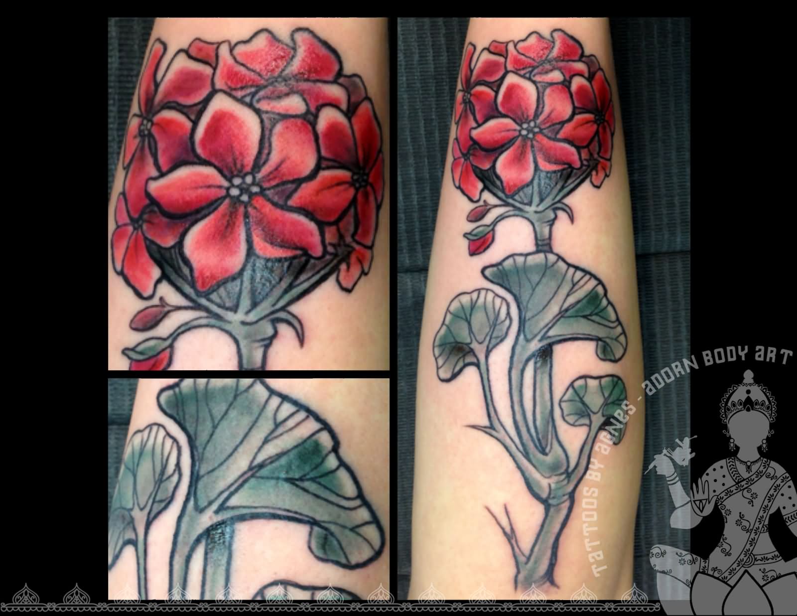 Black And Red Geranium Flowers Tattoo Design For Sleeve By Agnes