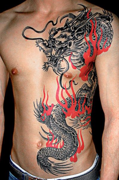 Black And Red Japanese Dragon Tattoo On Man Full Body
