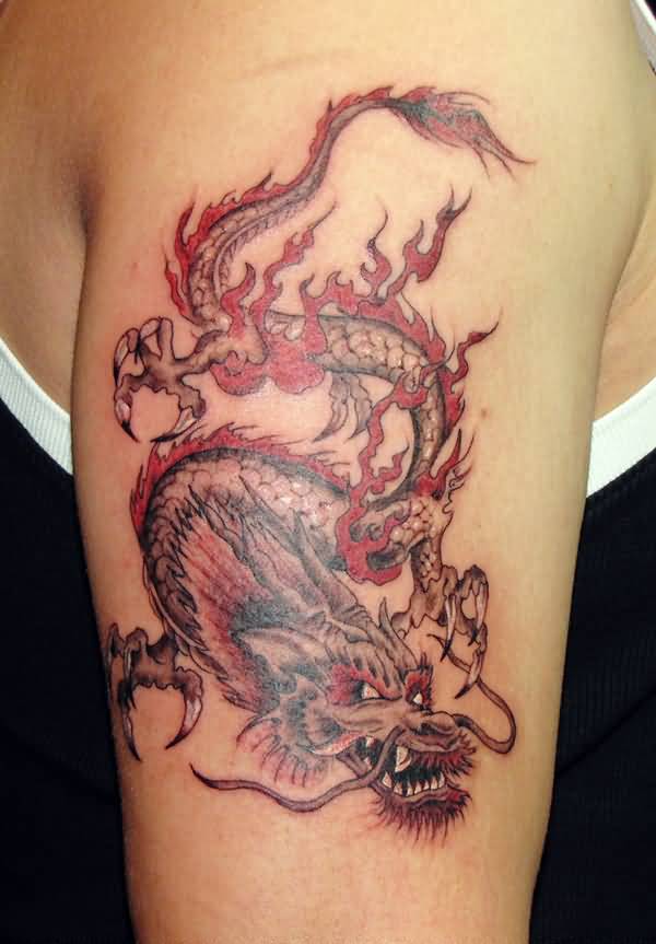 Black And Red Japanese Dragon Tattoo On Right Half Sleeve