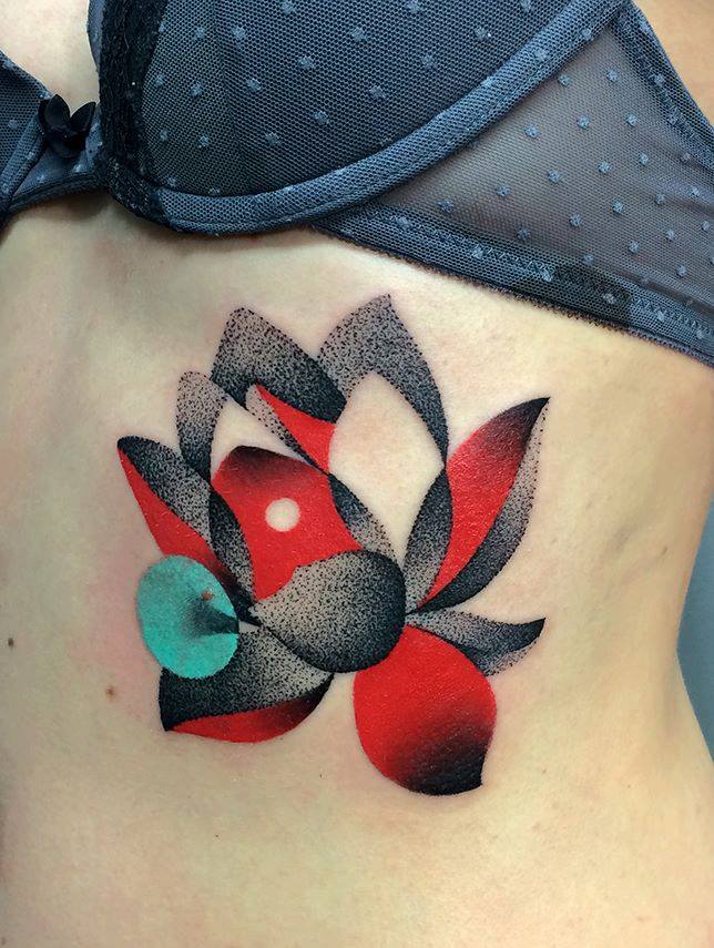 Black And Red Lotus Flower Tattoo On Left Side Rib