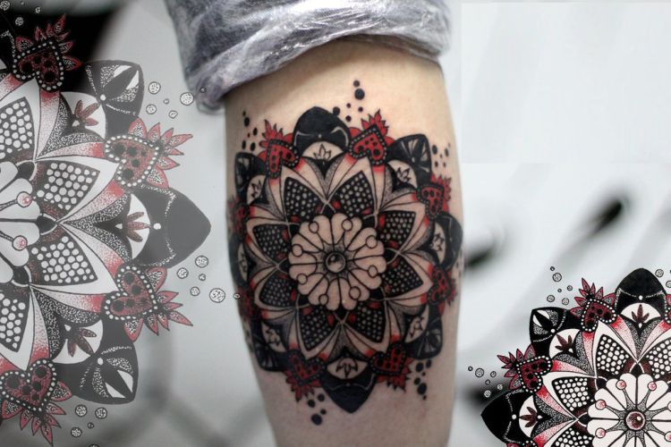 Black And Red Mandala Tattoo On Leg