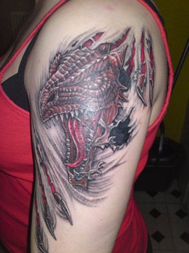 Black And Red Ripped Skin Dragon Tattoo On Left Half Sleeve