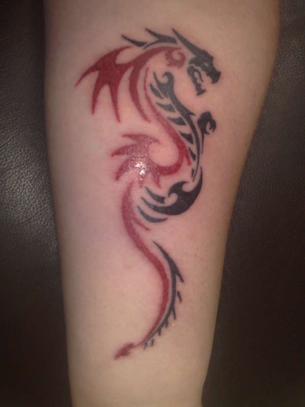 Black And Red Tribal Dragon Tattoo On Forearm