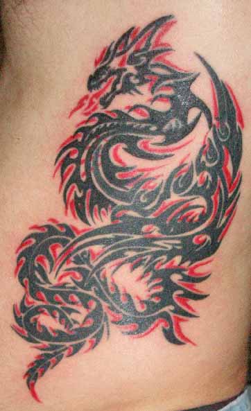Black And Red Tribal Dragon Tattoo On Side Rib
