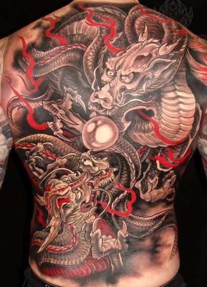 Black And Red Two Dragon Tattoo On Man Full Back